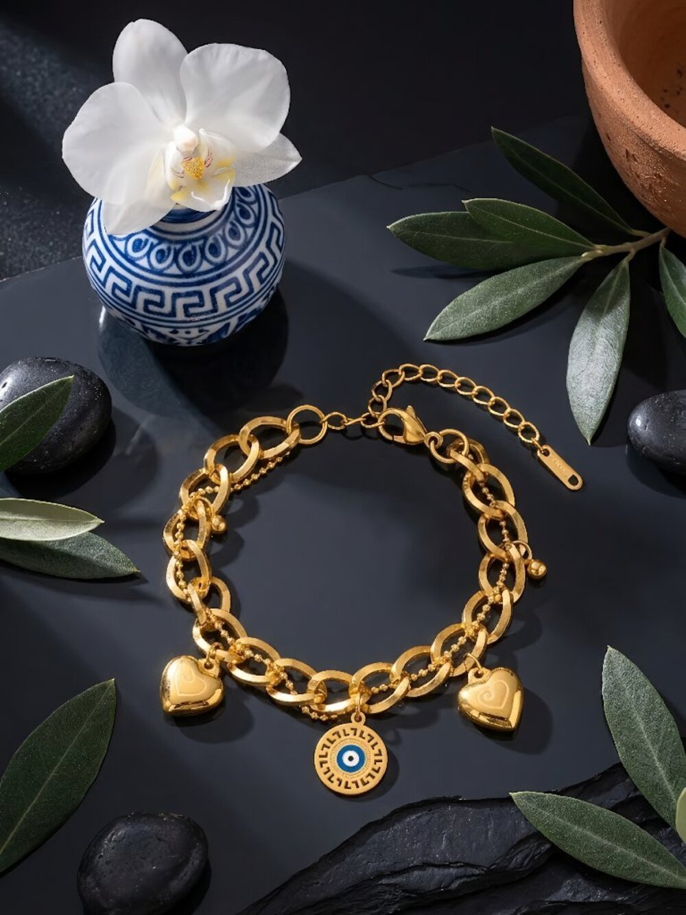 Double Chain 18K Gold Plated Heart Evil Eye Charm Bracelet Chunky Adj 6-8.5"